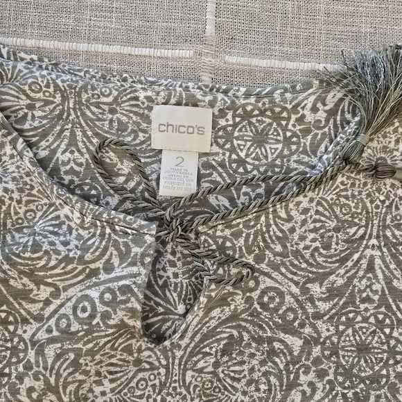 Chico's Size 2 Modal Blend Tassle Sage Green Pasiley Blouse - Picture 3 of 10